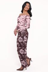 Navida Mesh Midi Skirt - Pink Brown Floral