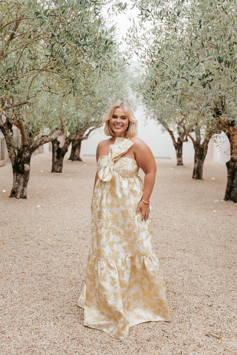 Betina Bow Front Maxi Dress - Yellow Brocade