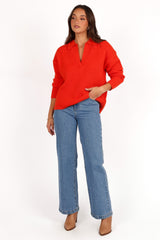 Zala Vneck Collar Knit Sweater - Red